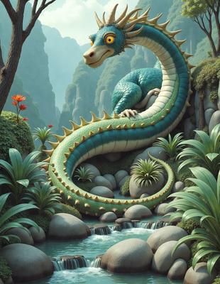 Primary subject: A large blue and yellow dragon with a smirk on its face, sitting on a rock.

Setting/background: The dragon is surrounded by a lush green forest, with a waterfall in the background.

Visual style: The image is a digital art illustration.

Colors and mood: The dragon has a vibrant blue and yellow color scheme, and it appears to be smiling, creating a playful and friendly atmosphere.
